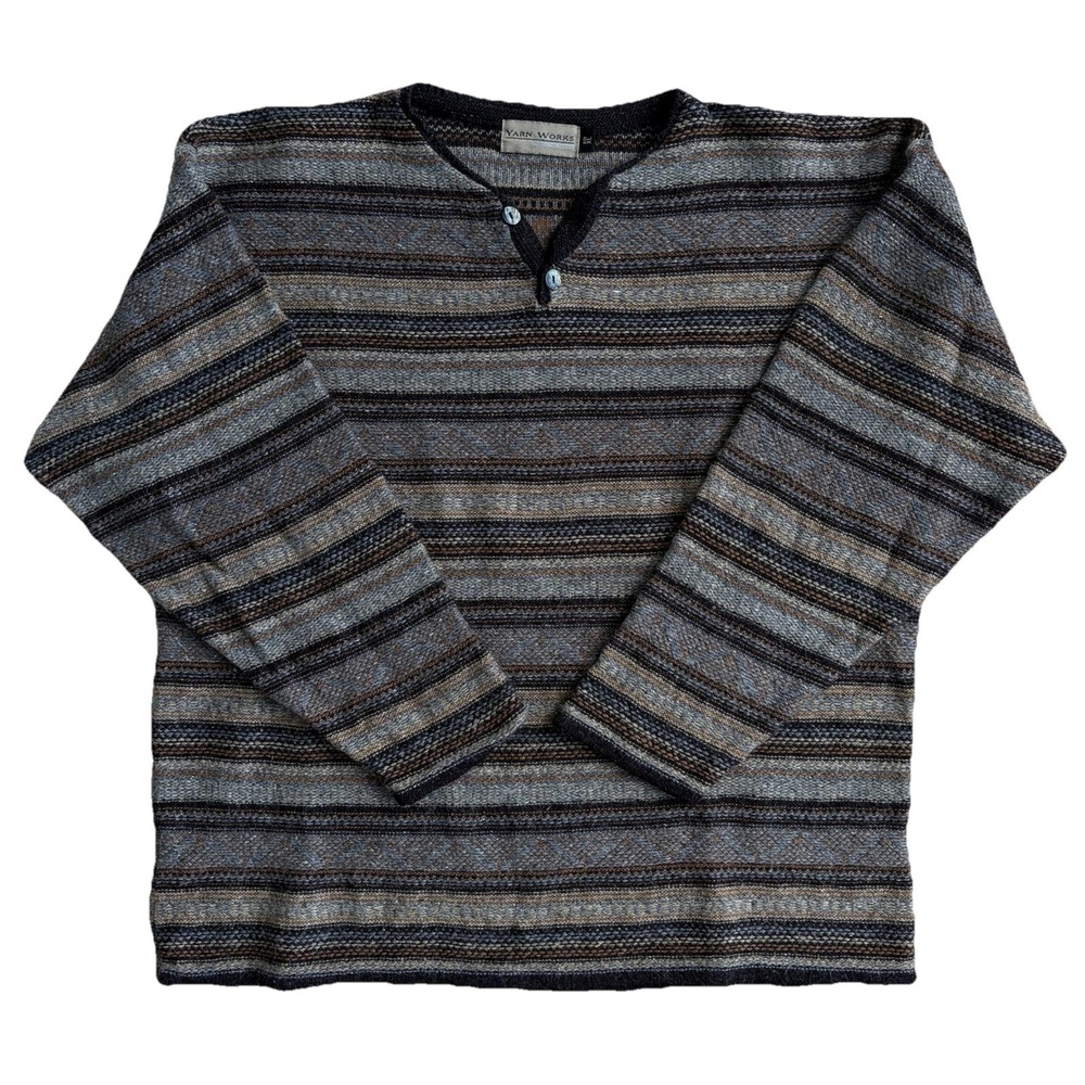 Yarn Works Sweater Mens‎ XL Brown Gray Striped Wool Mohair Henley Knit Earthy